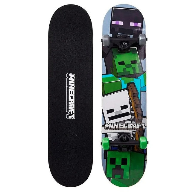 Two skateboards: one plain black with "Minecraft" logo, the other with Minecraft character graphics.
